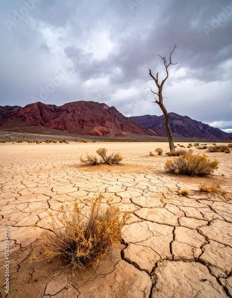 Fototapeta Cracked desert ground, distant mountains