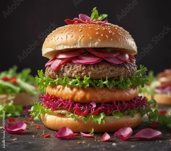 Fototapeta A delicate burger made with edible rose petals and microgreens on a bed of shredded lettuce , unique dishes,