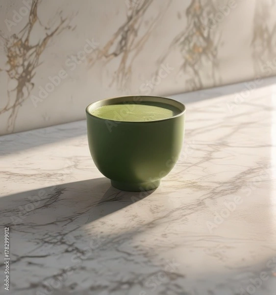 Fototapeta Matcha tea cup on marble surface with sunlight casting intricate shadows and a warm ambiance atmosphere,  peaceful,  marble