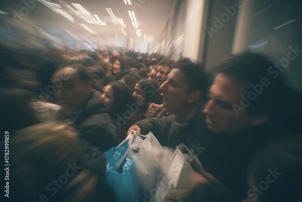 Obraz Dense crowd of people rushing forward carrying shopping bags in a blurred motion, concept for Black Friday sale, consumerism frenzy and holiday shopping excitement