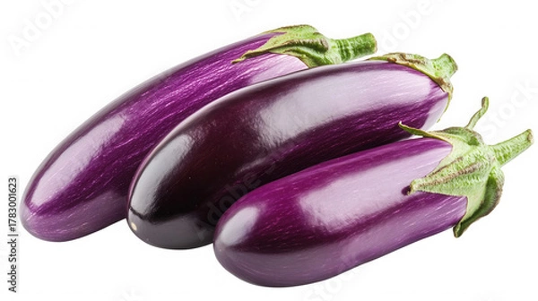 Fototapeta Three fresh eggplants isolated on transparent background, ready to be cooked