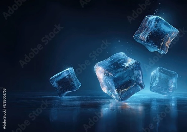 Fototapeta Ice cubes floating in the dark