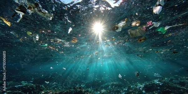 Fototapeta An underwater view with sunlight filtering through, debris floats, creating an environmental concern