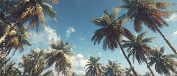 Fototapeta An upward view shows many palm trees against a blue sky, with scattered clouds