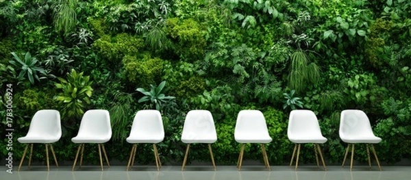 Fototapeta White chairs with wooden legs arranged in a row against a vibrant, green wall of lush foliage