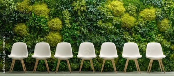 Fototapeta A row of white chairs with wooden legs sits in front of a living wall with various shades of green