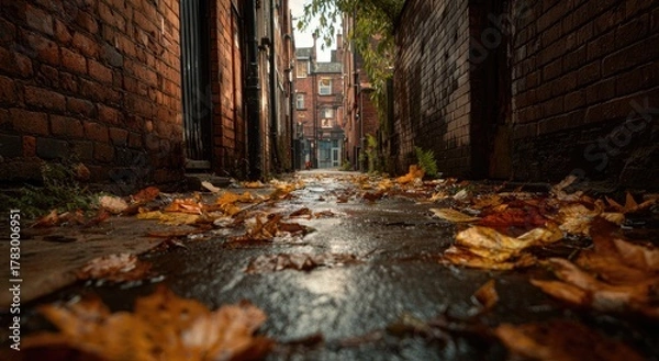 Fototapeta Narrow urban alleyway in autumn, with fallen leaves and brick walls
