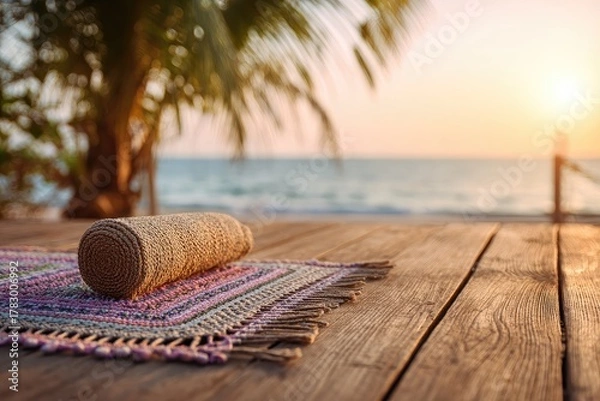 Fototapeta Rolled mat on textured rug sits on weathered wooden deck, overlooking tranquil ocean sunset