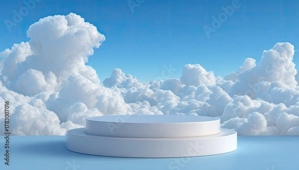 Fototapeta A minimalist, white pedestal set against a backdrop of fluffy white clouds and a bright blue sky