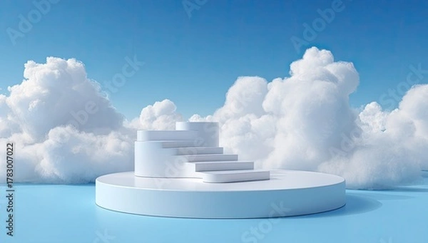 Fototapeta A white, tiered platform with stairs ascends, framed by fluffy clouds against a vibrant blue sky
