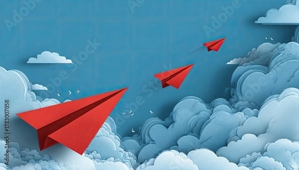 Fototapeta Dynamic scene with red paper airplanes soaring through fluffy, layered clouds in a blue sky