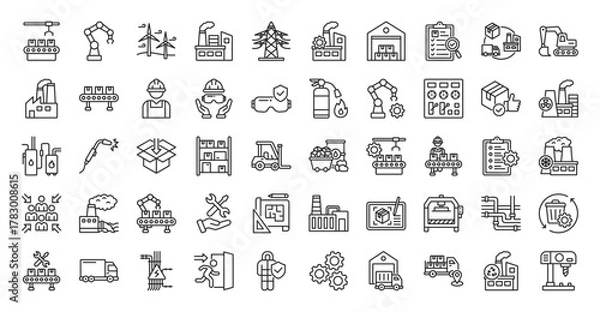 Fototapeta factory icon set outline collection contain assembly line, industrial, robot, energy turbine, building, power plant, manufacturing, warehouse, quality control, supply chain, heavy machinery, conveyor
