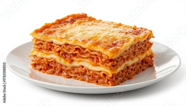 Fototapeta Slice of Lasagna with Tomato Sauce and Melted Cheese on White Plate Isolated on White