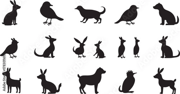 Fototapeta Vector illustration set of black animal silhouettes including cat, dog, rabbit, bird, and mouse icons