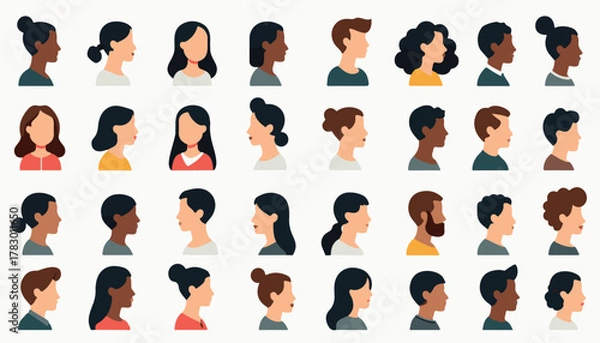 Fototapeta Vector set of female and business people silhouettes, icons, and avatars showing a diverse group profile