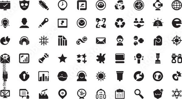 Fototapeta A set of black vector icons for web design and business, including signs for computer, internet, phone, mail, and money