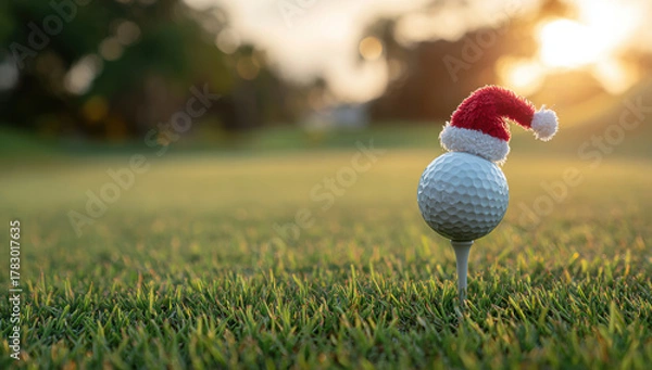 Fototapeta Golf ball with Santa hat on tee on green grass field at sunset with blurred background creating festive mood