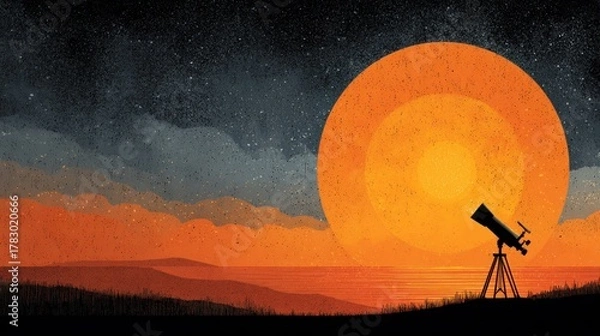 Fototapeta Night Sky Observation at Sunset.  A Peaceful Astronomical Scene