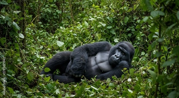 Obraz Mountain Gorilla Resting in Lush Green Forest.