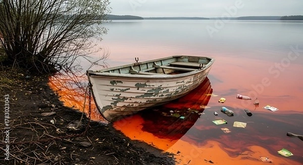 Obraz Old Rowboat Beached on a Polluted Shoreline with Orange Water.
