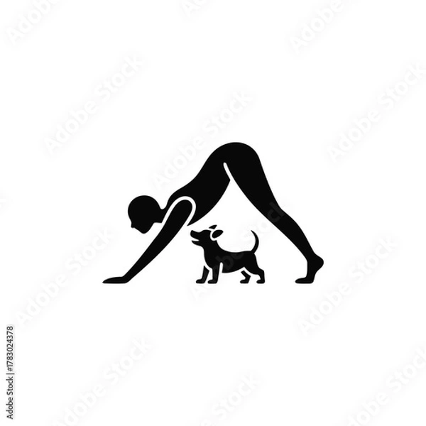 Fototapeta Silhouette of a person doing downward dog yoga pose with a small dog