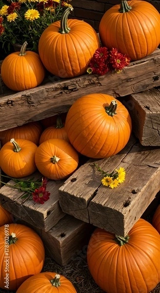 Obraz Vibrant pumpkins arranged on weathered wooden planks, autumn harvest scene.