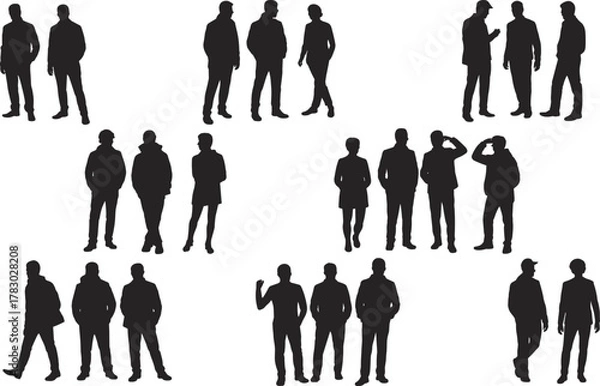 Fototapeta Silhouettes, people, interaction, communication, teamwork, business, casual, standing, talking, gesture, group, diversity, social, connection, lifestyle, abstract, human, pose, crowd, behavior