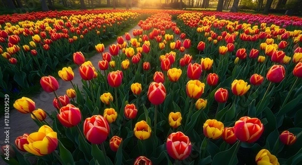Obraz Vibrant Tulip Field in Full Bloom at Sunrise.