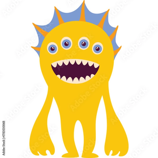 Fototapeta Cute cartoon yellow monster with four eyes and sharp teeth standing on transparent background vibrant fun character illustration