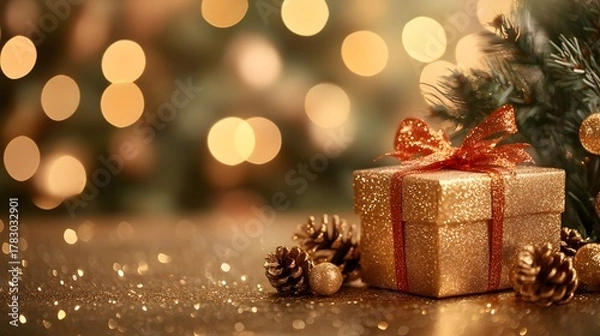 Fototapeta Gift box on table with Christmas tree background.