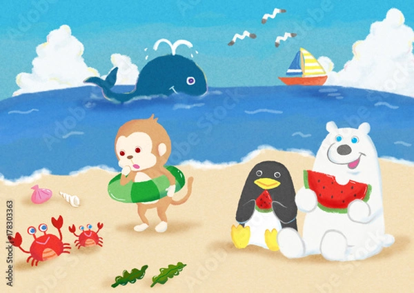 Obraz どうぶつたちの海遊び