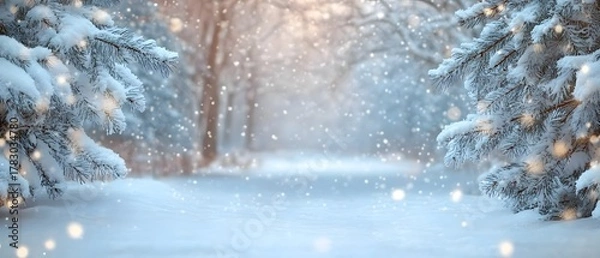 Fototapeta Snowy winter background with fir trees.