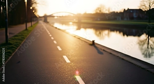 Fototapeta Pathway beside river at sunset with bridge and trees.