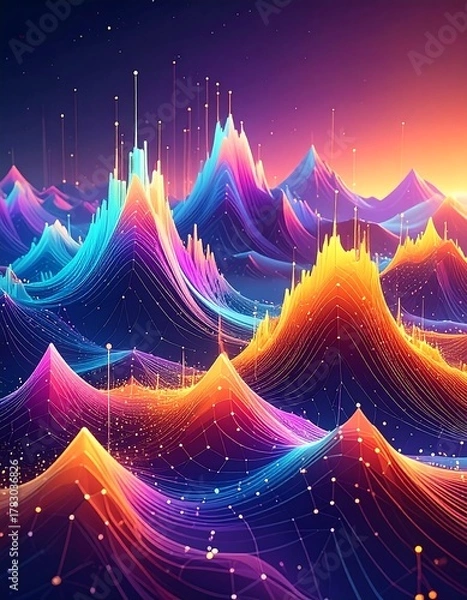 Obraz A vibrant digital illustration depicts abstract mountain-like formations comprised of glowing, interconnected lines and dots against a twilight sky