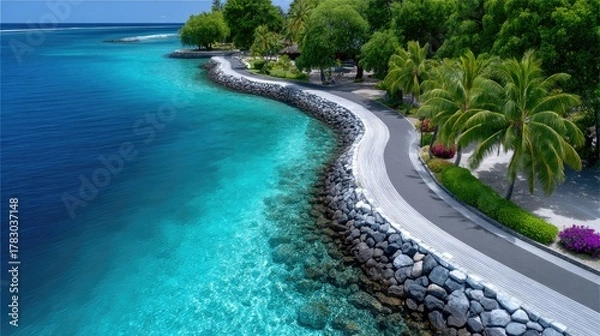 Fototapeta Aerial View Of A Serene Island Resort With A Rocky Shoreline Bordering Turquoise Ocean Waters And Lush Green Palm Trees Under Bright Sunlight