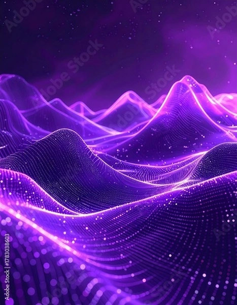 Obraz An abstract visualization of a wavy, undulating landscape in shades of purple and pink, with light flares