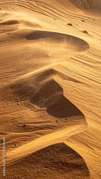 Obraz Close-up of undulating sand dunes, sculpted by wind, under warm sunlight with swirling textures