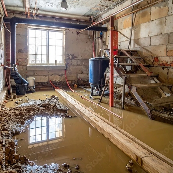 Obraz Interior view of flooded basement with water damage, exposed beams, and a water heater