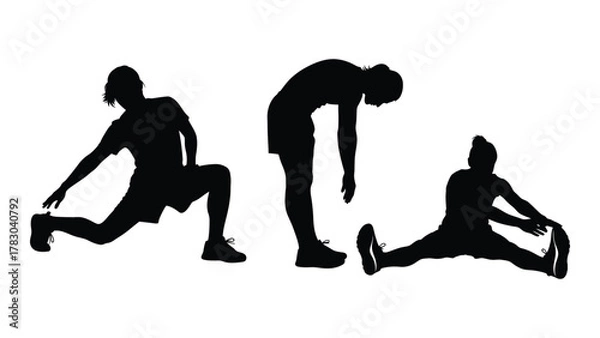 Obraz Stretching exercises silhouettes isolated on white background, Vector