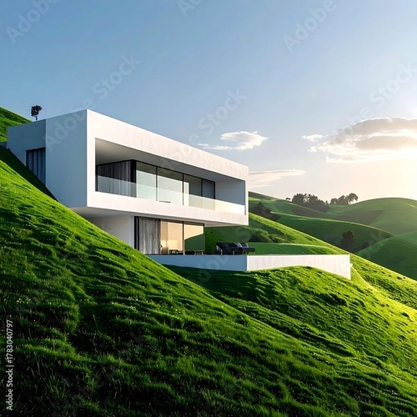 Obraz Modern, minimalist dwelling with expansive windows, nestled on a vibrant green hillside, under a clear blue sky and golden sunlight