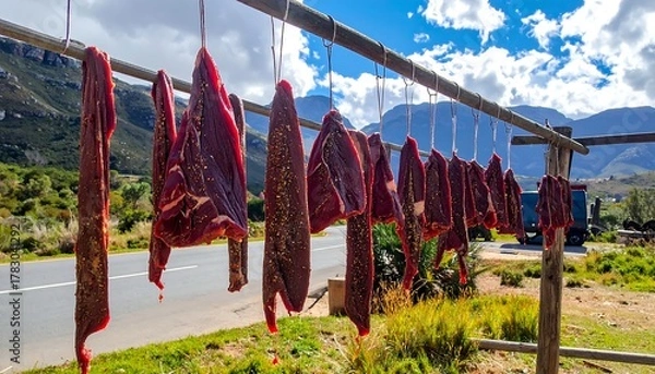 Obraz Slices of cured meat hang outdoors on a clothesline against a highway, distant hills, and partly cloudy sky