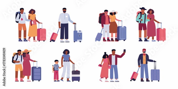 Obraz Diverse group of people with luggage traveling together on vacation or business trips