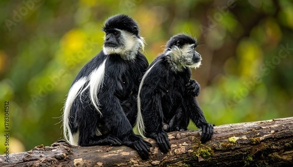 Obraz Two primates with striking black and white fur sit close together on a log, gazing away in a natural setting. The background is blurred with shades of green and brown