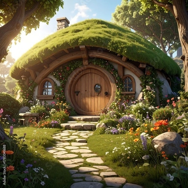 Obraz Whimsical cottage nestled amidst lush foliage, featuring a round door, arched windows, and a grassy rooftop
