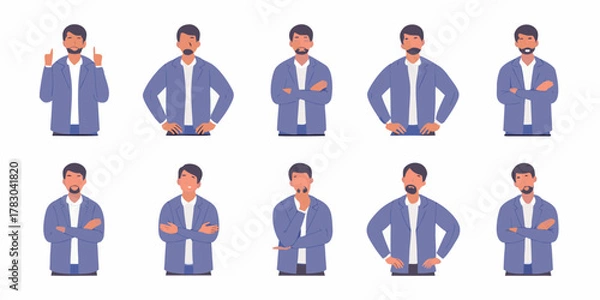 Obraz Set of business man characters showing different emotions and poses in flat design style