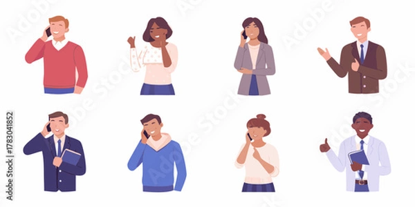 Obraz Diverse group of people happily talking on their mobile phones and showing positive gestures