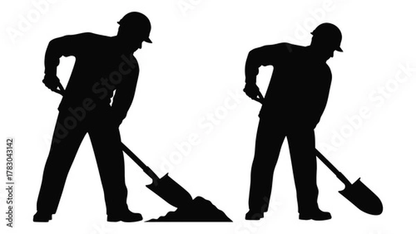 Obraz Construction workers shoveling silhouettes isolated on white background, Vector