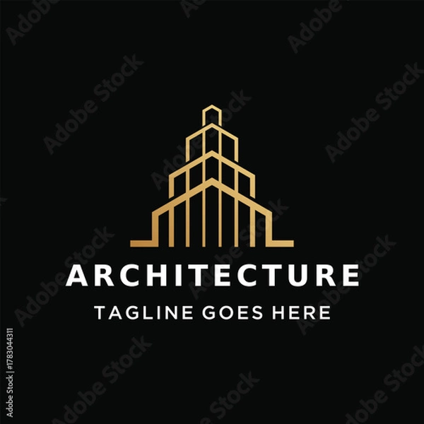 Fototapeta Modern Elegant Golden Architecture with abstract building outline for real estate construction or urban development business logo design