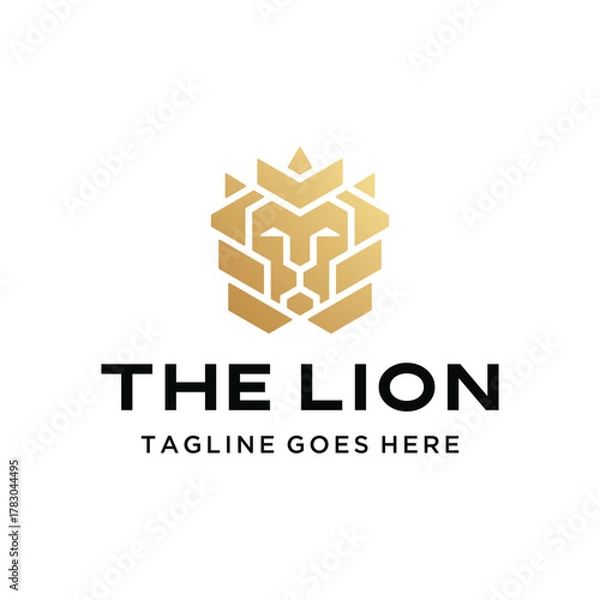 Fototapeta Elegant Geometric Golden Lion head with abstract polygonal king symbol for strength leadership luxury logo design