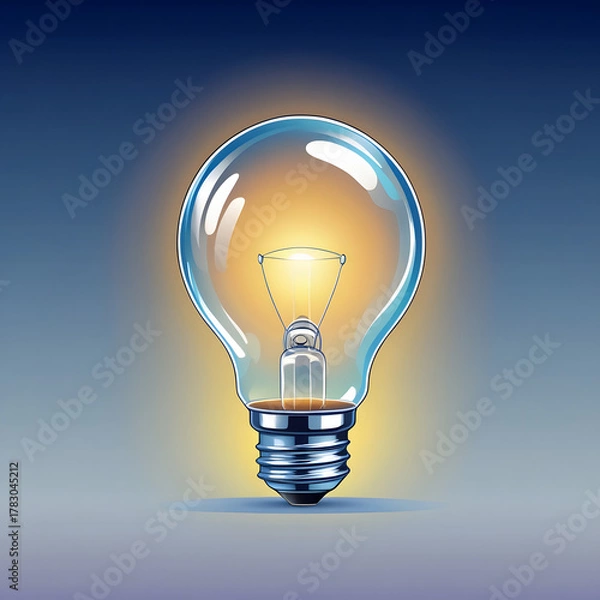 Fototapeta A glowing incandescent light bulb centered against a smooth, dark blue gradient background. The bulb emits a soft, warm light that highlights its glass structure and metallic base, representing a clea